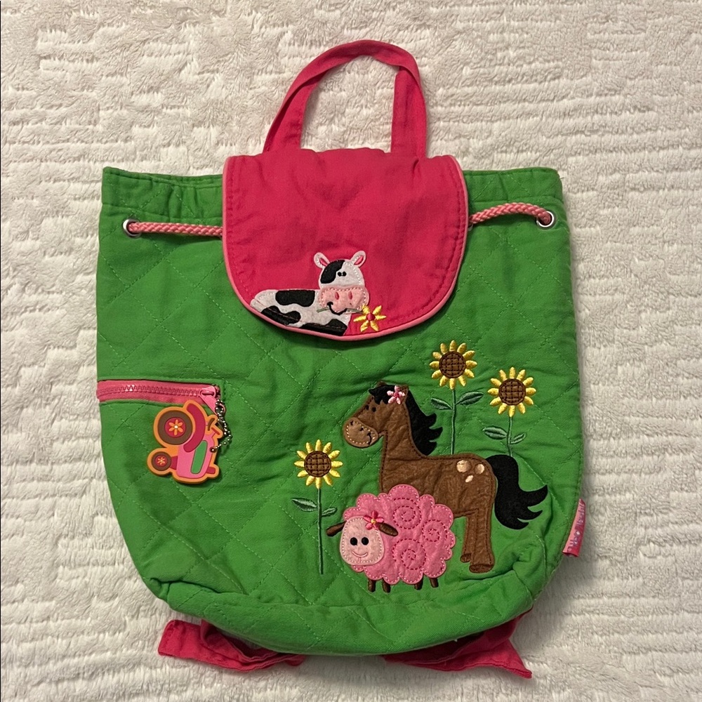 Farm Animal Embroidered Kids Backpack - Green and Pink